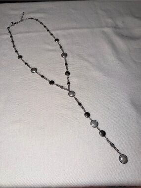 White House Black Market Silvertone Gray & Black Station Lariat Necklace